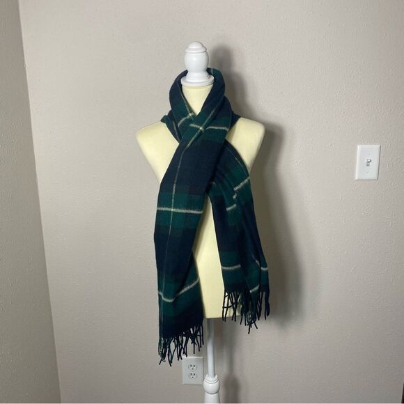 Vintage Blue & Green Plaid Lambswool Scarf With Fringe - Picture 3 of 11